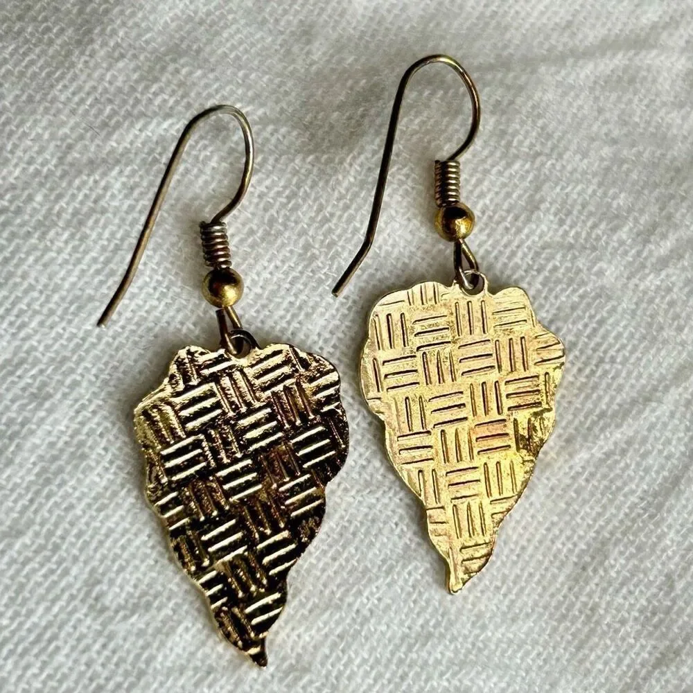 Vintage Gold Enamel Leaf Dangle Earrings Blue and Gold